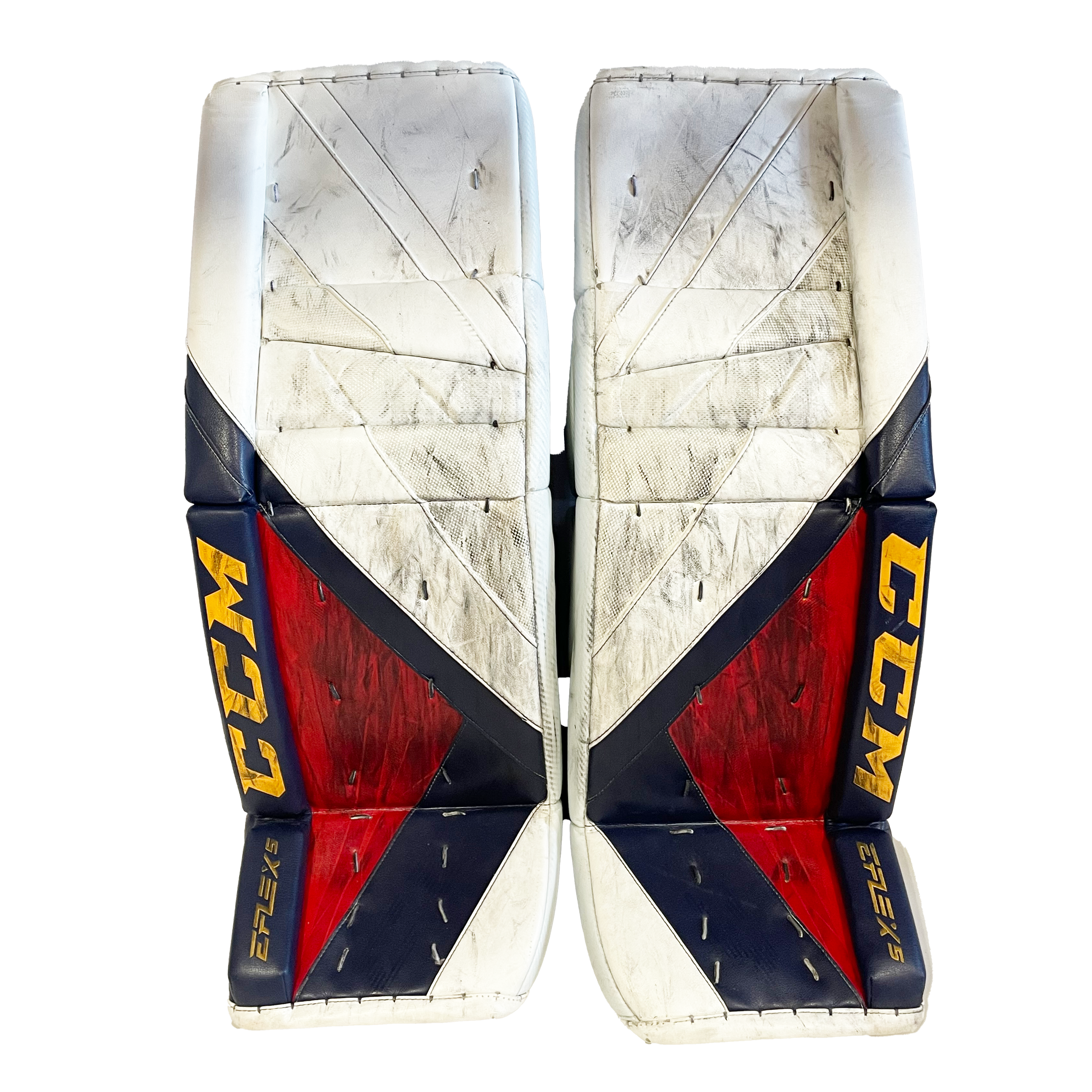 CCM Extreme Flex 5 - Jambières de gardien de but Pro Stock d'occasion (blanc/bleu marine/rouge)